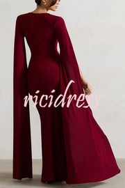 Elegant Goddess Square Neck Twisted Cape Sleeve Slit Maxi Dress