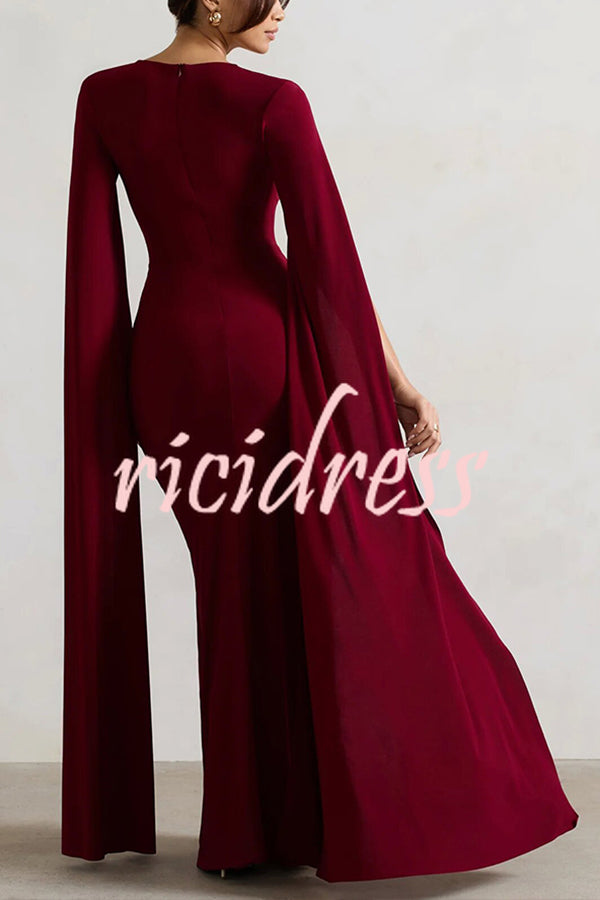 Elegant Goddess Square Neck Twisted Cape Sleeve Slit Maxi Dress