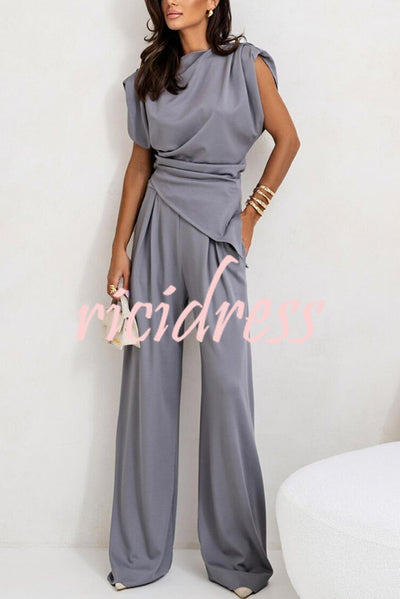 Jordy Ruched Shoulder Slit Top and Elastic Waist Pocketed Wide Leg Pants Set