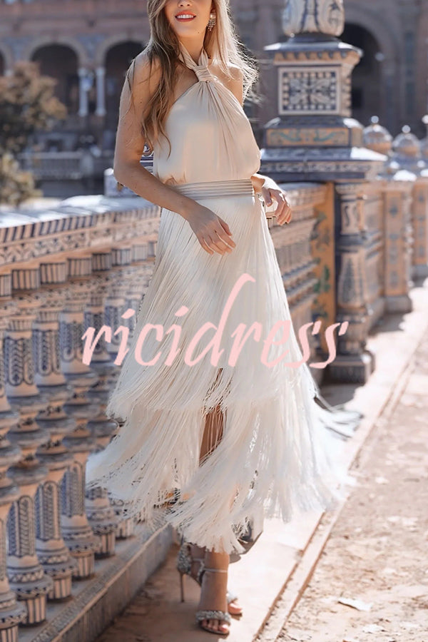 Elegant Tassel Hem Elastic Waist Casual Maxi Skirt