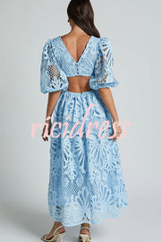 Solid Color V neck Hollow Lace Waistless Sexy Maxi Dress