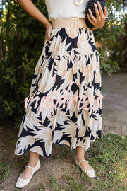 Resort Style Botanical Print Elastic Waist Loose Stitching Midi Skirt