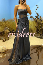 Essie Satin Rhinestone Patchwork Twist Waist Strapless Slit Maxi Dress