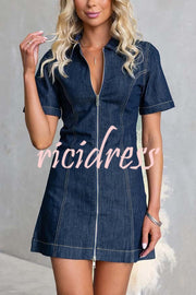 Street Chic Denim Shirt Neck Front Zip-up Stretch Mini Dress
