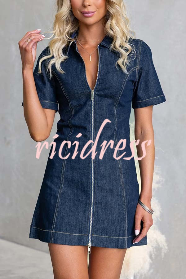Street Chic Denim Shirt Neck Front Zip-up Stretch Mini Dress