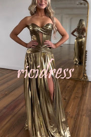 Dazzling Metallic Fabric Cross Strapless Cutout Slit Pleated Maxi Dress