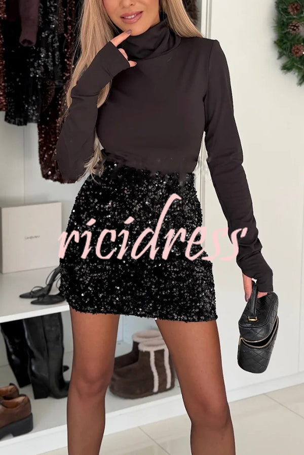 Polished Uptown Velvet Sequin High Rise Elastic Waist Mini Skirt