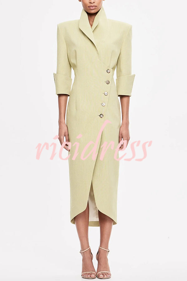 Elegant Look Linen Blend Stand Lapel Neck Half Sleeve Side Button Midi Dress