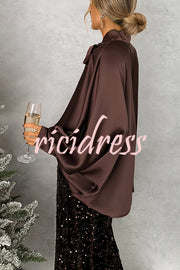 Chic and Merry Satin Bow Neck Batwing Sleeve Loose-fitting Blouse