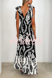 Unique Printed V-neck Sleeveless Lace-up Waist Maxi Dress