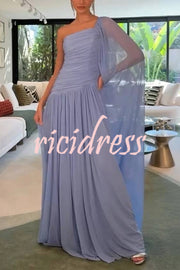 End of Light Chiffon One Shoulder Single-sleeve Shawl Ruched Maxi Dress