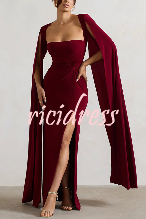 Elegant Goddess Square Neck Twisted Cape Sleeve Slit Maxi Dress