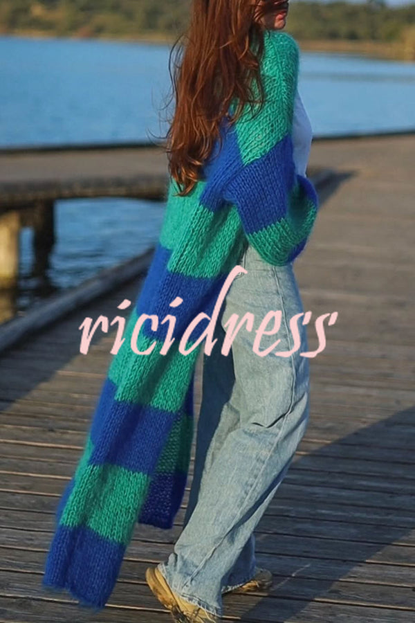 Fashionable Contrast Stripes Lazy Style Loose Long Knitted Cardigan