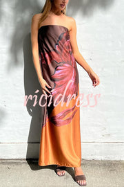 Drawing Inspiration Satin Floral Print Off Shoulder A-line Slit Maxi Dress