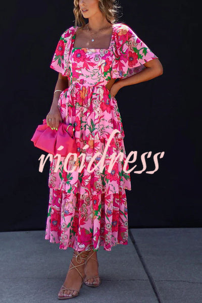 It's All Special Floral Cutout Waist Tiered Midi Dress