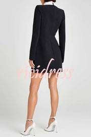 Alisha Contrast Floral Appliqué Pointed Collar Long Sleeve Pocketed Mini Dress