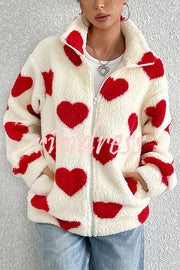 Fashion Plush Heart Print Loose Pocket Long Sleeve Zipper Jacket