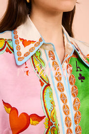 Kiana Linen Blend Unique Print Short Sleeved Tie Waist Shirt Maxi Dress