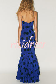 Eliora Mesh Polka Dot Print Gathered Bust Layered Fishtail Hem Maxi Dress