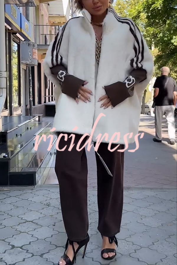 Fashion Sports Stripe Print and Ribbed Embroidered Long Sleeve Zipper Stand Nack Pocket Plush Coat