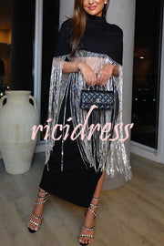 New Level Shiny Tassel Stand Neck Crop Cape Blouse