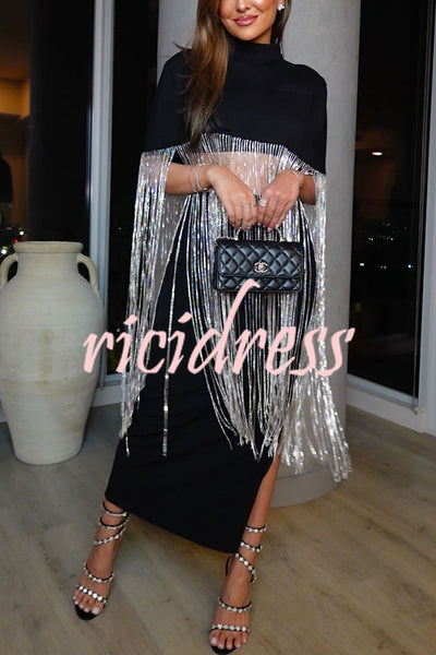 New Level Shiny Tassel Stand Neck Crop Cape Blouse