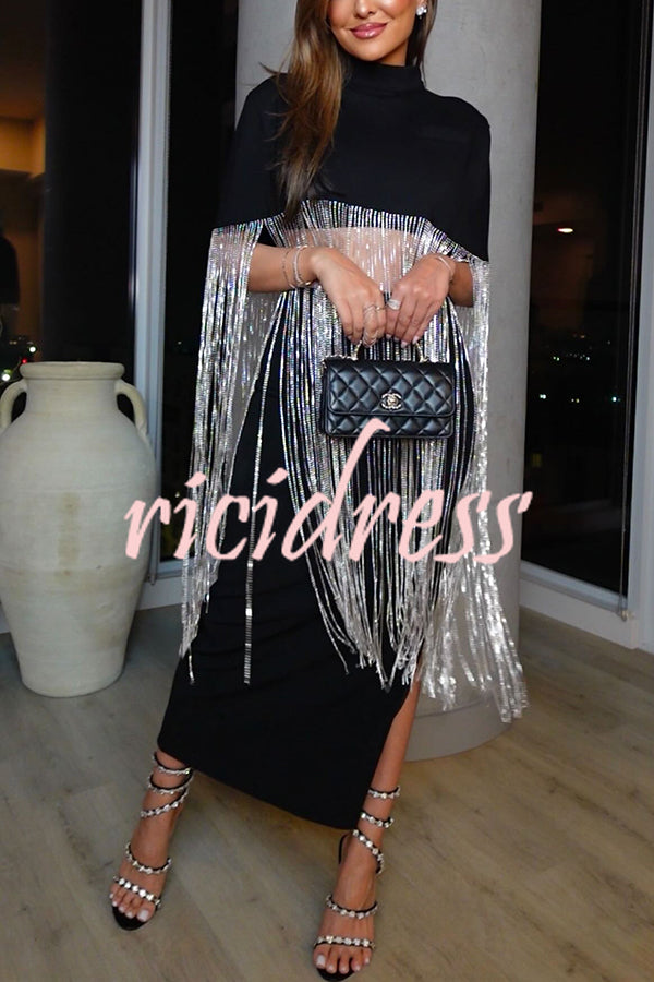 New Level Shiny Tassel Stand Neck Crop Cape Blouse