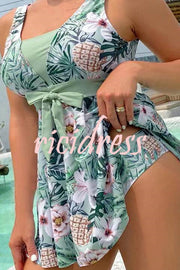 Cheerful Floral Print Bow Detail Tankini Swimsuit Set