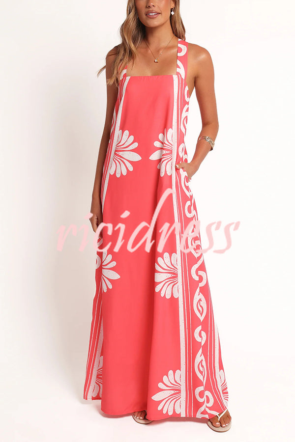 Unique Print Square Neck Open Back Tie Bow Holiday Maxi Dress