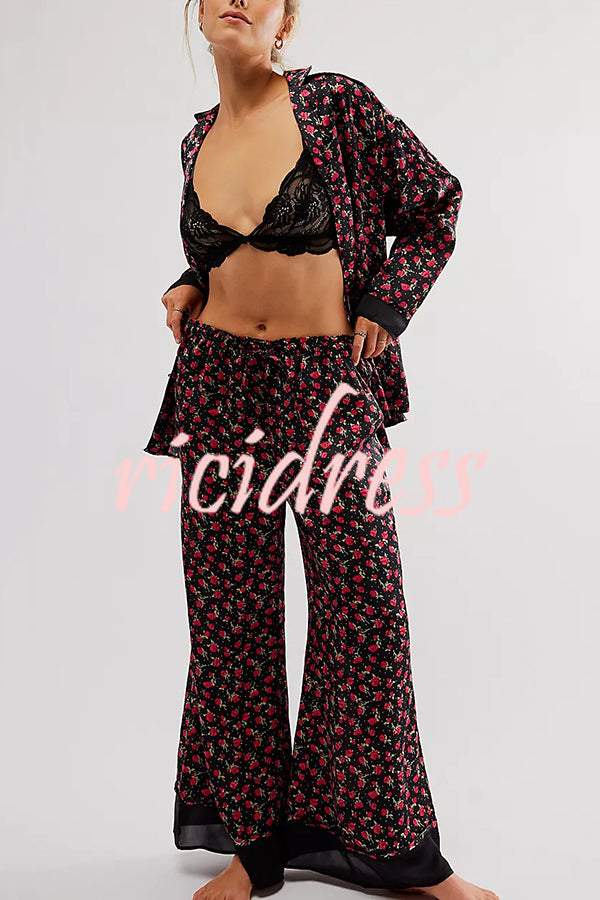 Unique Printed Lounge Long-sleeved Shirt and Elastic Waisted Baggy Pants Set