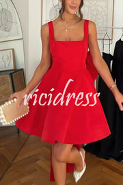 Red Drama Taffeta Square Neck Back Oversized Bow Pocket Mini Dress