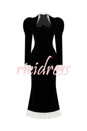 Baroque Style Velvet Lace Trim Sweetheart Neck Long Sleeve Flare Midi Dress