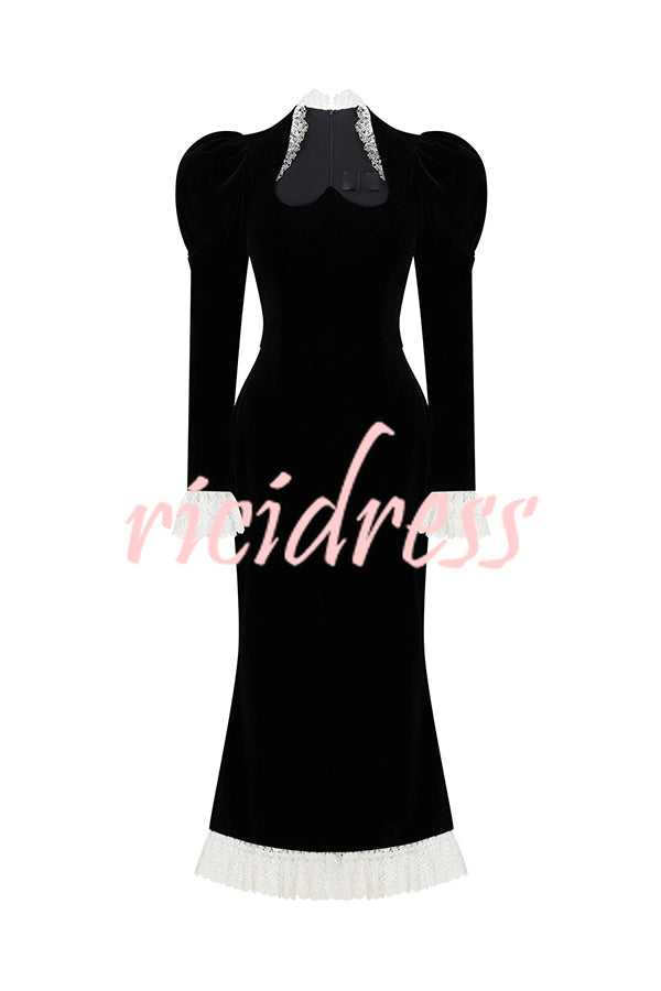 Baroque Style Velvet Lace Trim Sweetheart Neck Long Sleeve Flare Midi Dress