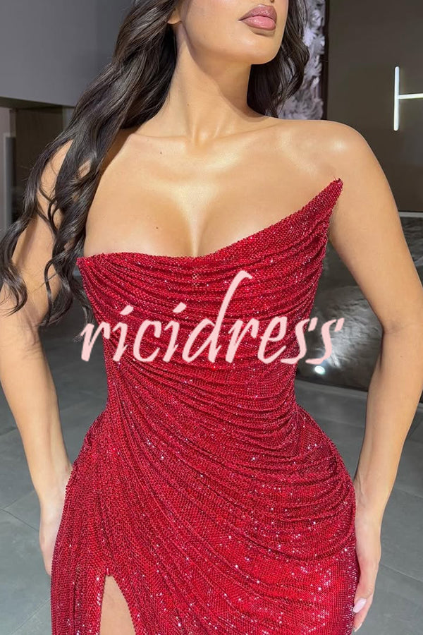 Lysette Sequin Pleated Design Irregular Off-shoulder Slit Drape Gown Maxi Dress