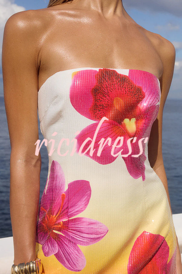 Beach Club Sequin Unique Flowers Print Strapless Stretch Mini Dress