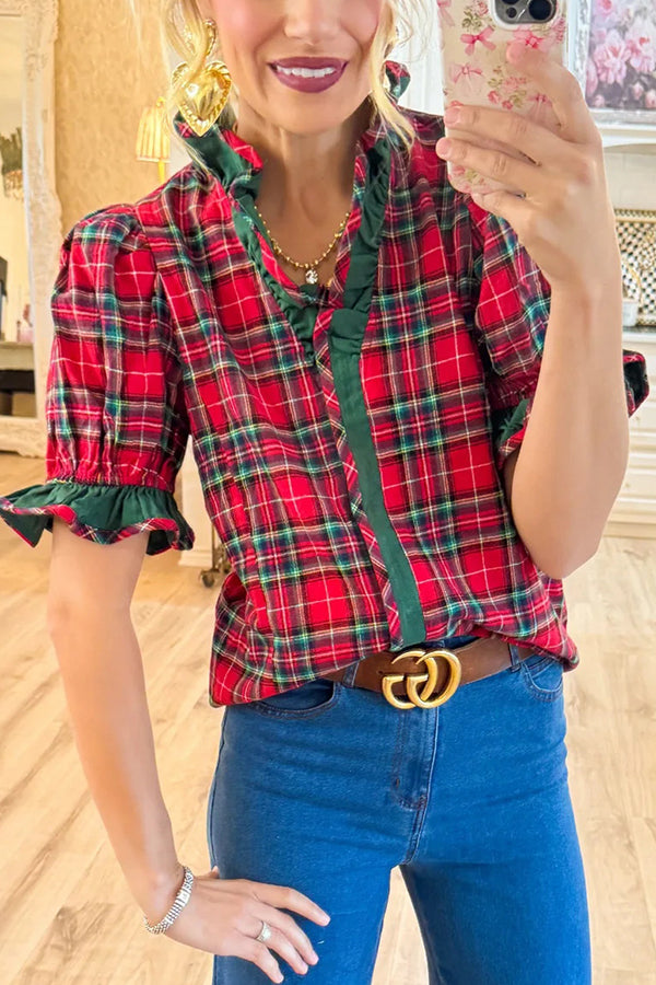 Plaid Print Ruffled Puff Sleeve Casual Shirt