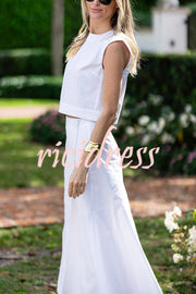 Linen Blend Crew Neck Sleeveless Crop Top and Buttoned Slit Midi Skirt Set