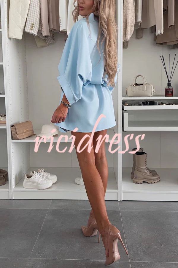 Solid Color Loose Round Neck Belted Mini Dress