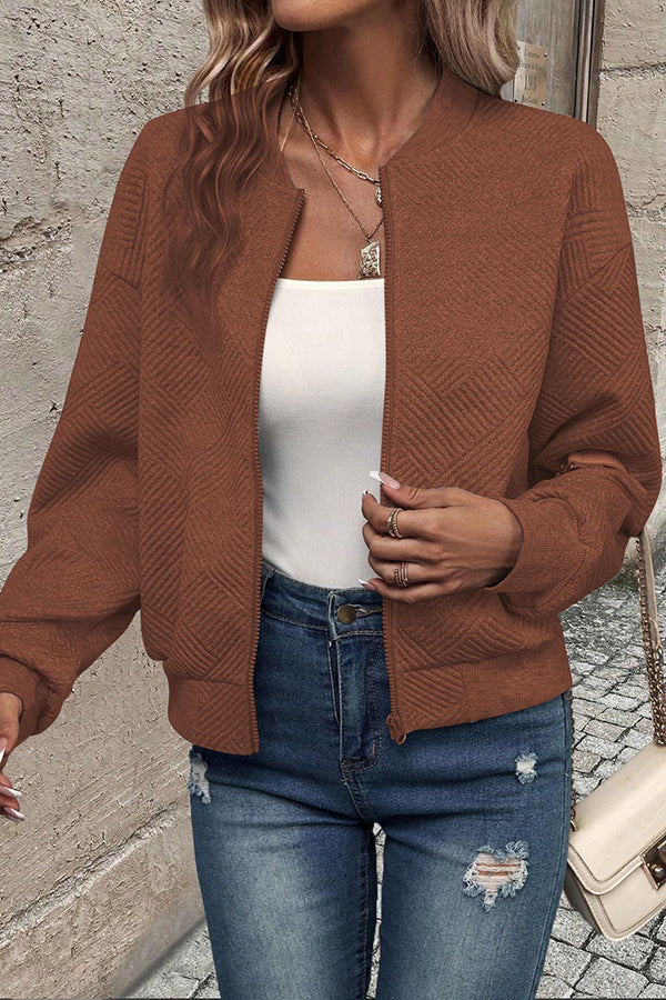 Solid Color Zippered Round Neck Long Sleeve Casual Jacket