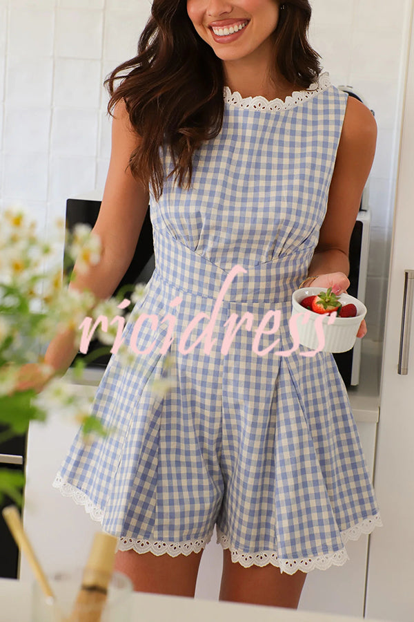 Plaid Print Sleeveless Pleated Waist Casual Rompers