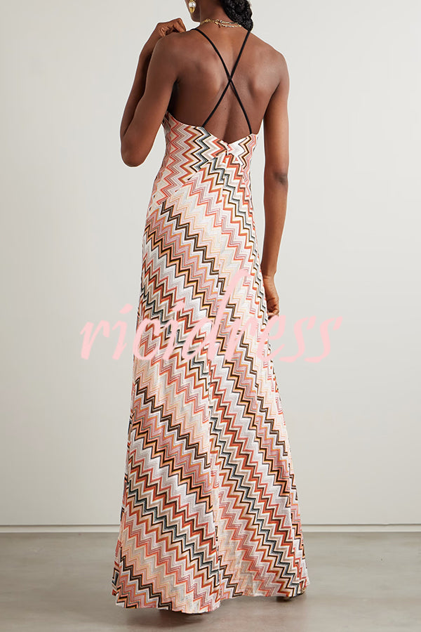 Colorful Zigzag Pattern Elegant Sling Backless Maxi Dress