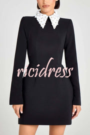 Alisha Contrast Floral Appliqué Pointed Collar Long Sleeve Pocketed Mini Dress