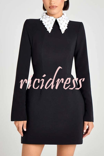 Alisha Contrast Floral Appliqué Pointed Collar Long Sleeve Pocketed Mini Dress