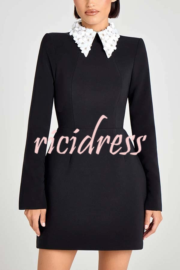 Alisha Contrast Floral Appliqué Pointed Collar Long Sleeve Pocketed Mini Dress