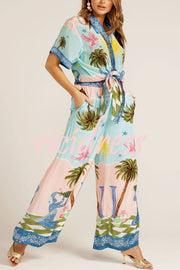 Summer Vacation Printed Short-sleeved Loose Shirt and Elastic Waist Pocket Pants Set