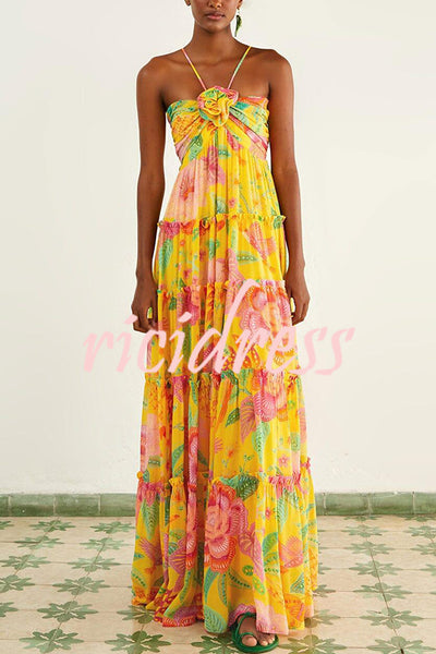 Blossom Feelings Printed Flower Design Halter A-line Maxi Dress