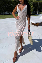 Solid Color V-neck Hollow Beach Knitted Cover-up Midi Dress