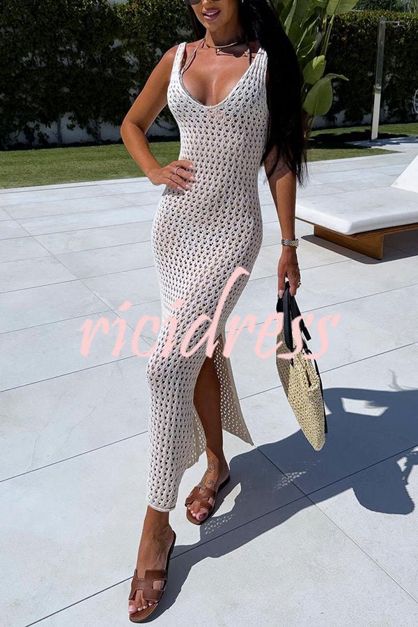 Solid Color V-neck Hollow Beach Knitted Cover-up Midi Dress