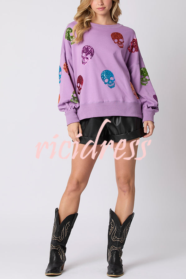 Halloween Skull Sequin Loose Casual Sweatshirt