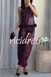 Gala Goddess Sequin High Rise Zipper Waist Wide Leg Pants